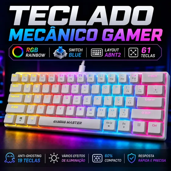 Teclado Gamer Mecânico 60% Branco Switch Azul Anti-ghosting