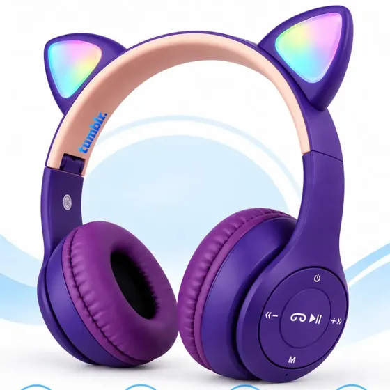 Fone De Ouvido Gatinho Infantil Rgb Bluetooth 5.0 D47 Orelhas De Gato Criança LED Colorido Sem Fio Cat Ajustável Dobrável Tumblr Cor Roxo Lilás