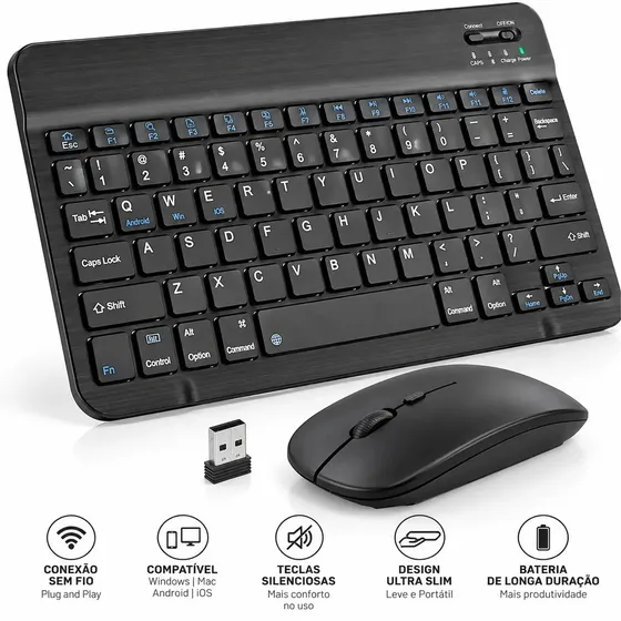 Kit Teclado e Mouse sem Fio Bluetooth ABNT para Tablet e PC