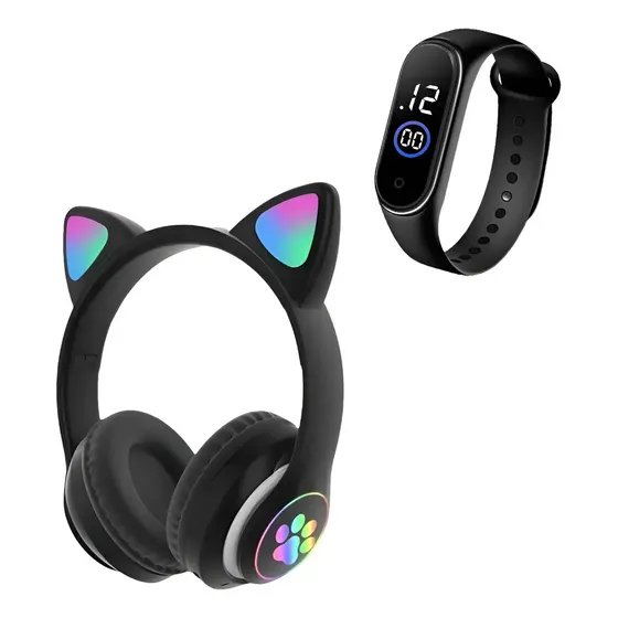 Fone Ouvido Gatinho Bluetooth Adulto Crianças + Relógio Led Preto