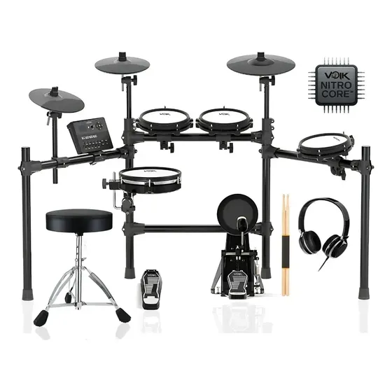 Bateria Eletrônica Voik DREAM-800 Nitro Core MIDI Bluetooth 8 Peças Pad Mesh Caixa e Toms Dual Zone Kick Pad Crash e Ride Com Choke 50 Kits Profissional E-DRUMS Series Cor Preto Bivolt 110v/220v