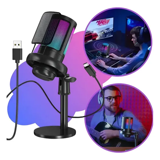 Microfone Condensador Gamer Rgb Usb Para Podcast E Live