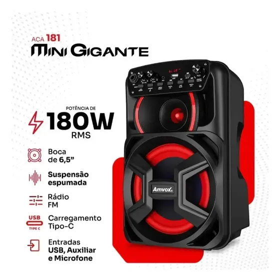 Caixa de Som Amplificada Amvox ACA 181 Mini Gigante 180W RMS Bluetooth USB FM Preta