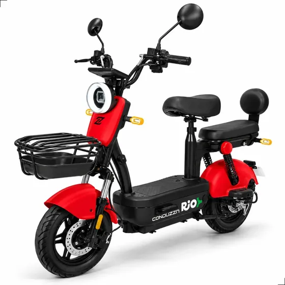 Bicicleta Elétrica Conduzza Rio 800w Autopropelido com Bateria de Lítio Removível, Freio Hidráulico e Farol LED - Moto Elétrica Scooter Vermelha