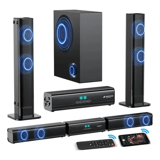 Home Theater MAIZHELUN 5.1 Canais 420W Com Soundbar Desmontável e Subwoofer