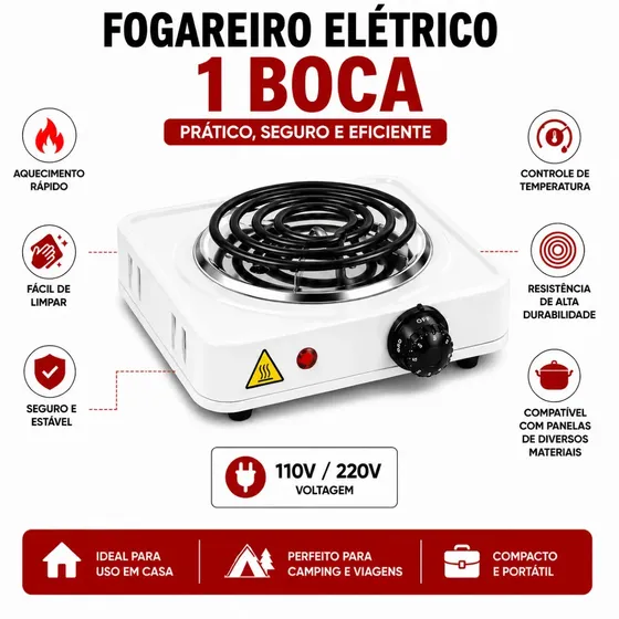 Fogareiro Elétrico 1 boca Portátil 1000w Fogão Cooktop Elétrico 1 Boca Fogareiro Portátil Compacto De Mesa Camping Branco