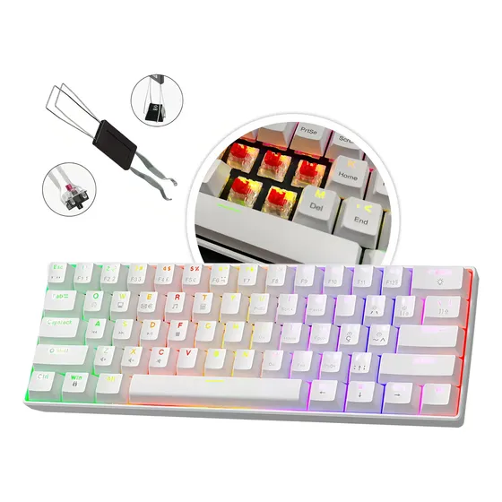 Teclado Mecânico Gamer CLANM 60% RGB White Red Switch Hot Swap USB-C ABNT2