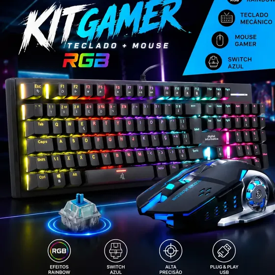 Combo Gamer Mouse Teclado Mecânico Blue Switch Led Rgb Jogos