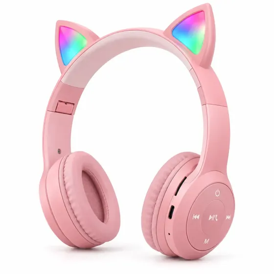 Headset Sem Fio Fone De Ouvido Bluetooth Cat Ear RGB Regulável Gamer Músicas Entrada P2 Mp3 Para Smartphone Pc Desktop Antek - Rosa