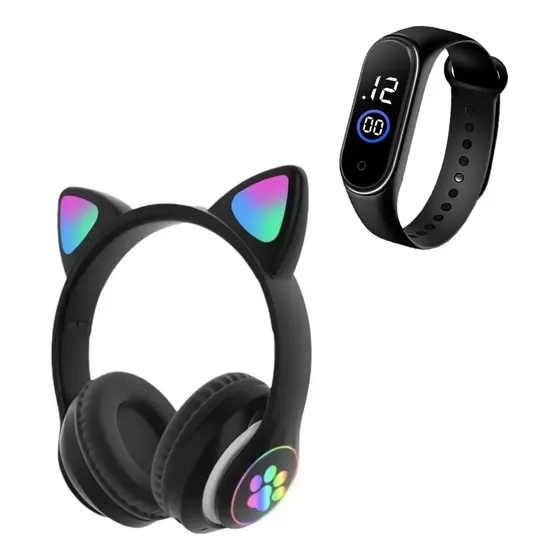 Fone Gatinho Bluetooth Unissex Crianças + Relógio Esporte Preto