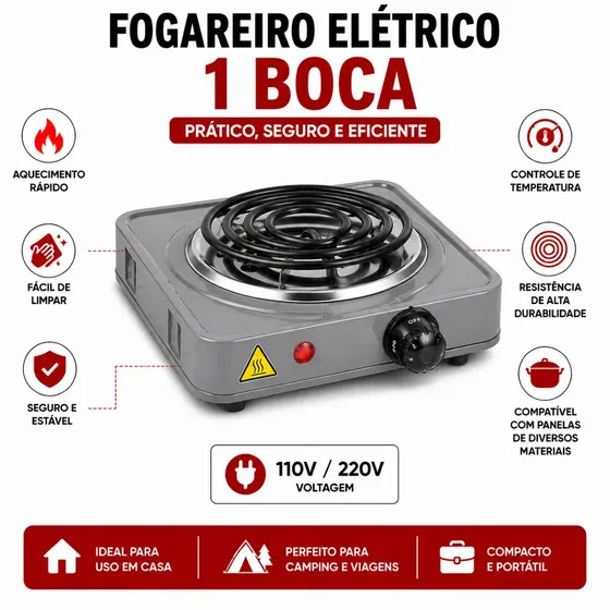 Fogareiro Elétrico 1 boca Portátil 1000w Fogão Cooktop Elétrico 1 Boca Fogareiro Portátil Compacto De Mesa Camping Cinza