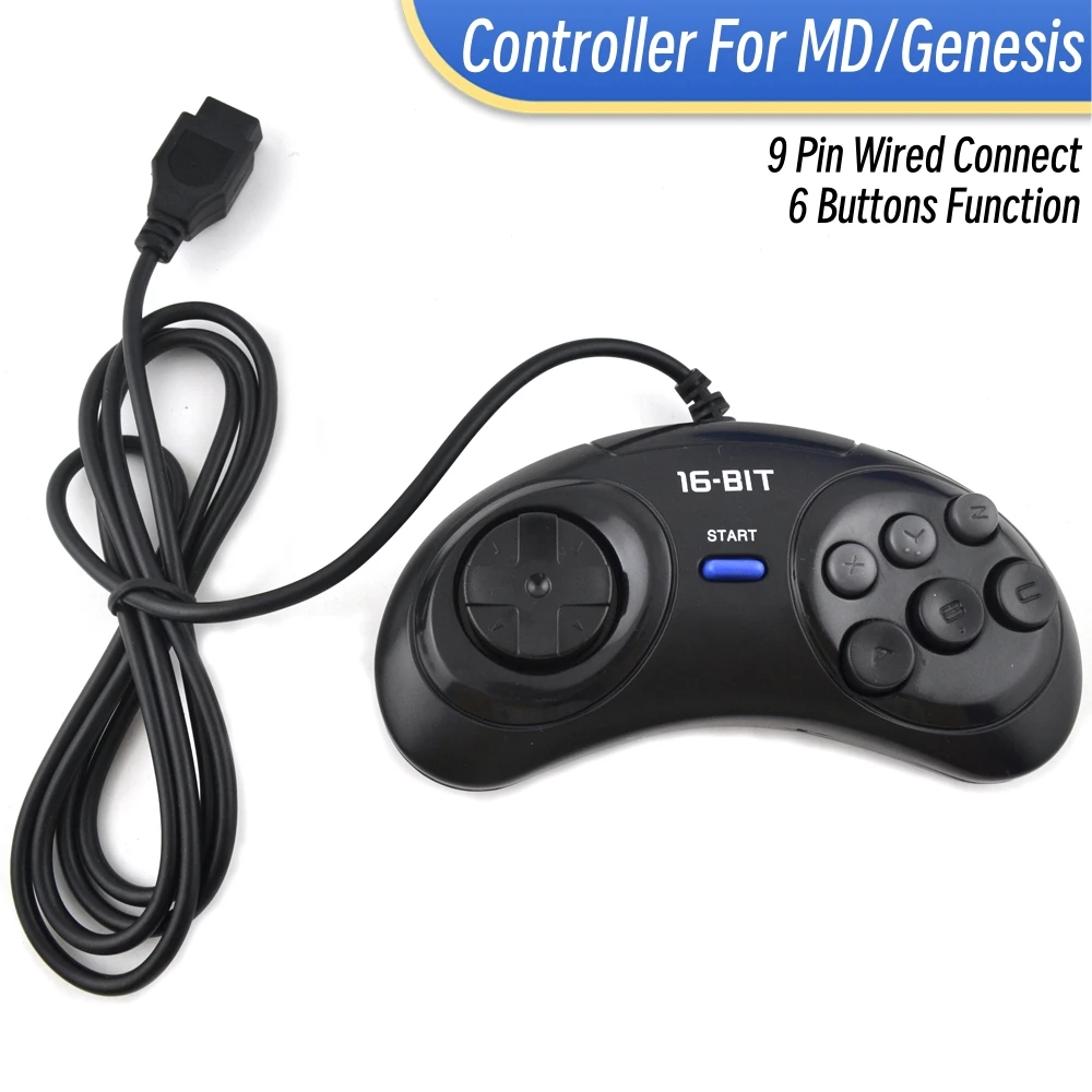 1-2 pces controlador de gamepad preto para sega mega drive 9 pinos 6 botões gamepads para sega genesis 16 bits console de videogame