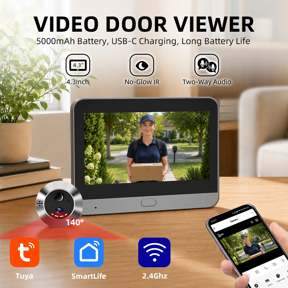 Câmera Digital de Olho Mágico com Bateria, Comunicação Bidirecional, APP Tuya SmartLife, Visão Ampla de 3MP, WiFi 2.4G, Infravermelho 940NM e Sensor PIR