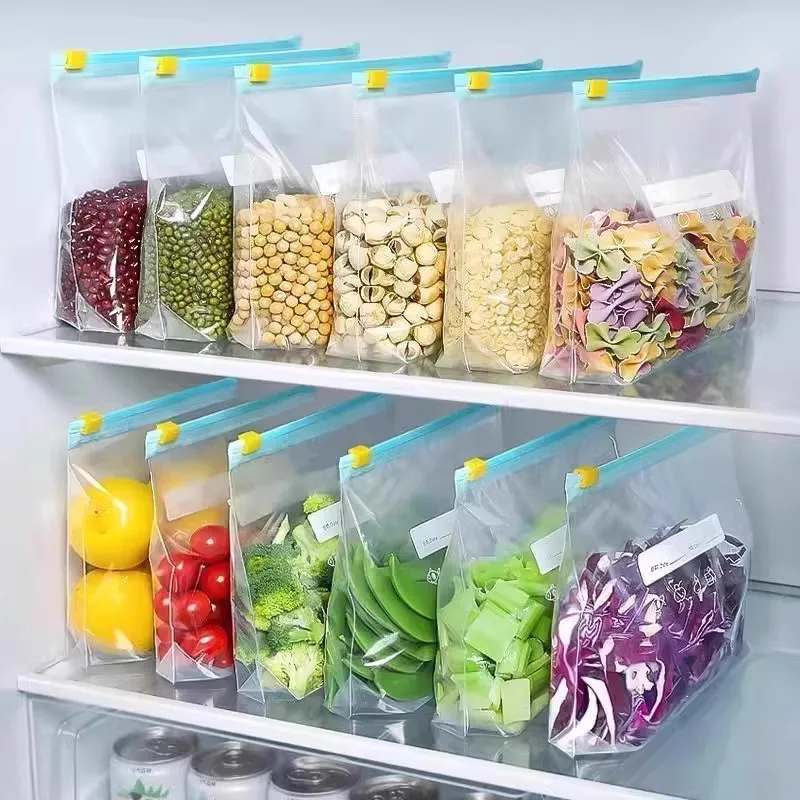 Sacos de armazenamento de alimentos com fecho zip, sacos grossos para freezer para geladeira, seguros para micro-ondas, reutilizáveis, adequados para organização (3 tamanhos)