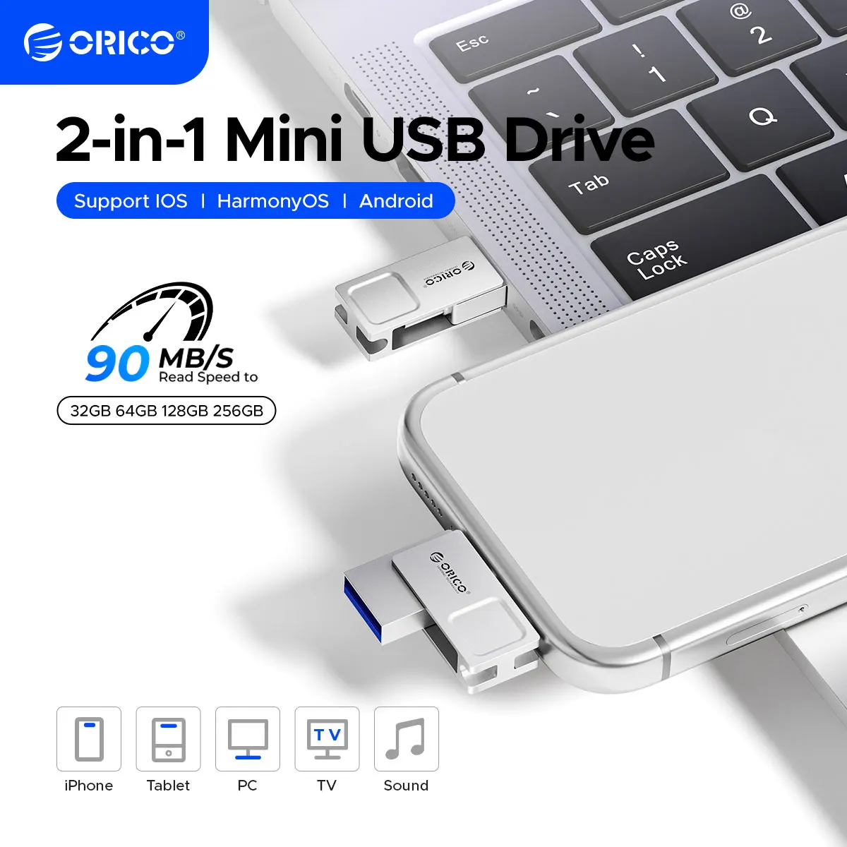 Pen Drive USB C Dual Flash Drive ORICO USB3.2 Mini 2 em 1 OTG para MacBook Android Carro 256GB 128GB 32GB 64GB