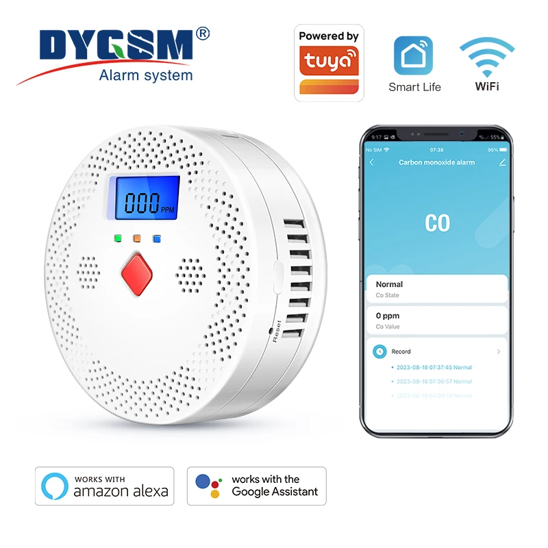 Detector de Monóxido de Carbono Inteligente Tuya WiFi com Alarme Sonoro de 85dB, Display Digital LCD, Monitor de CO em Tempo Real para Uso Interno em Casa