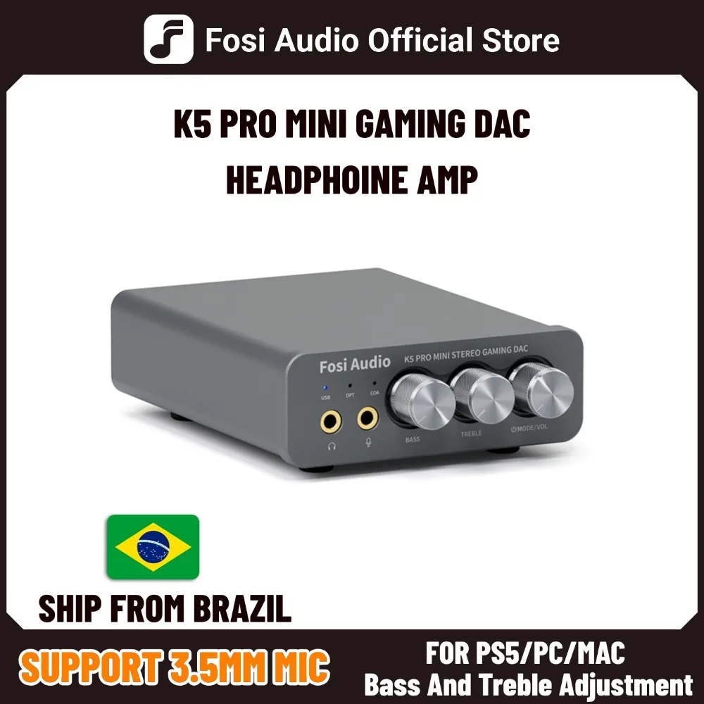 Fosi Audio K5 PRO Gaming USB DAC com Microfone e Amplificador de Fone de Ouvido, Mini DAC de Áudio para Desktop, para PS5 e PC