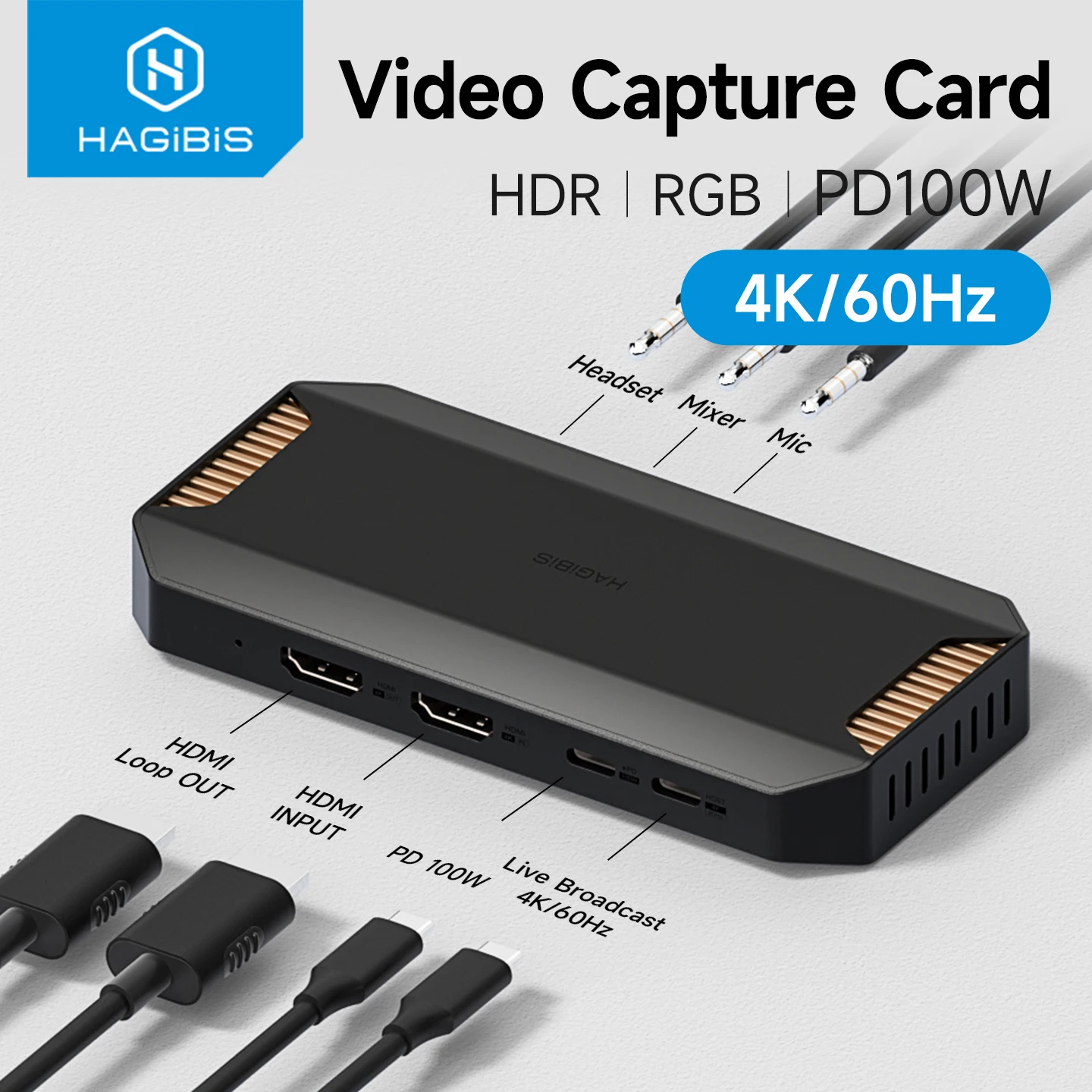 Placa de Captura de Vídeo 4K Hagibis para Streaming e Jogos com Suporte VRR RGB HDR e Passthrough para Switch2, Xbox, PS5/4 e Câmeras de Transmissão ao Vivo