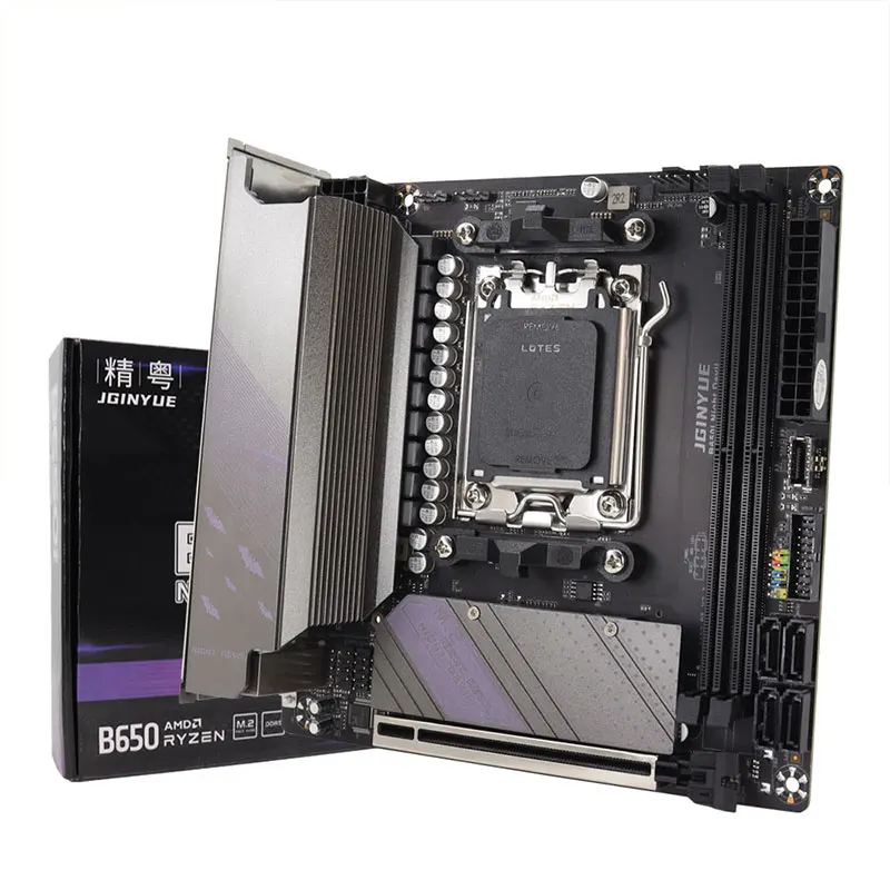 Placa-mãe JGINYUE AM5 Suporta Processadores AMD Ryzen Série 7000, Memória RAM DDR5 Dual Channel, ITX B650i Night Devil