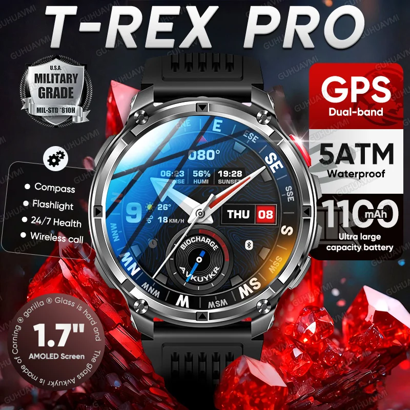 Novo Smartwatch T-Rex3 Pro 2026 com Bateria de 1100mAh, GPS, Rastreador de Caminhada, À Prova D'água 5ATM, Bússola para Esportes ao Ar Livre e Uso Militar