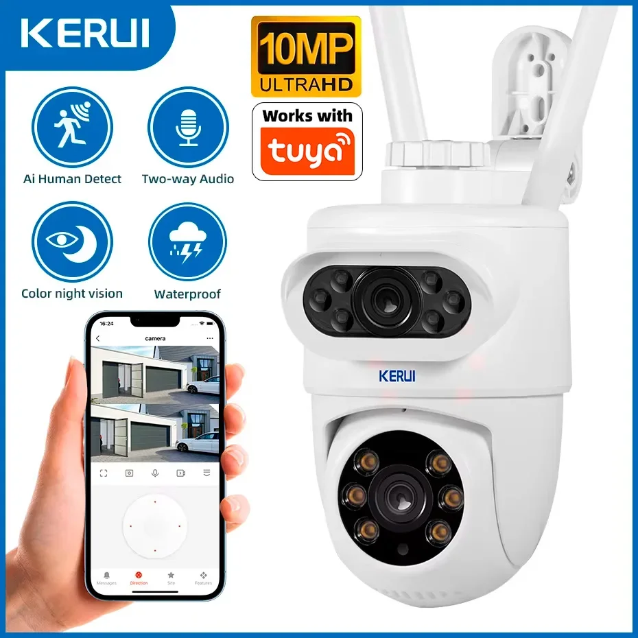 Câmera IP WiFi KERUI Externa 10MP 5K HD com Lente Dupla PTZ Sem Fio para Segurança Residencial, Vigilância por Vídeo e Detecção Humana, Compatível com Tuya Câmera IP WiFi KERUI Externa 10MP 5K HD com Lente Dupla PTZ Sem Fio para Segurança Residencial, Vigilância por Vídeo e Detecção Humana, Compatível com Tuya