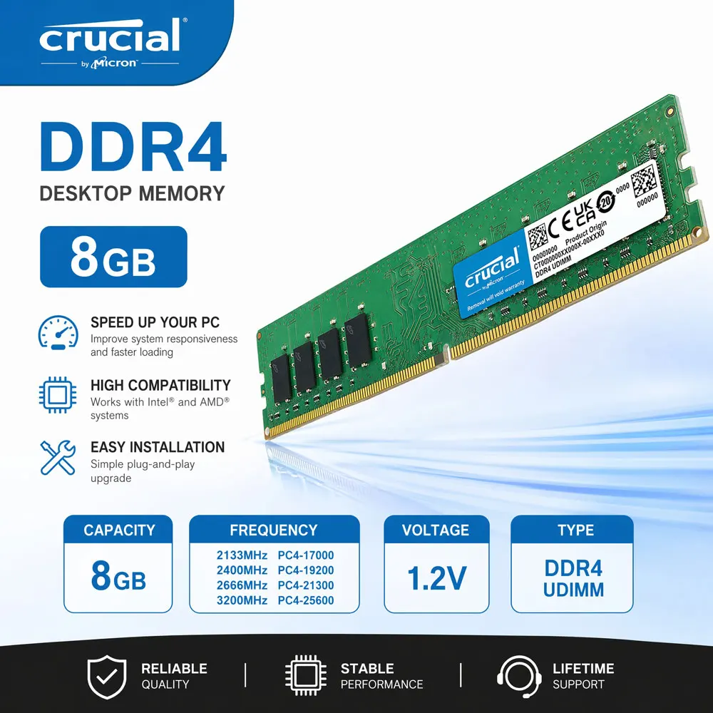 Memória Crucial para Desktop RAM DDR4 8GB 3200MHz 2400 2133 2666MHz DIMM 288Pin PC4-21300 19200 PC4-25600 17000 Memórias RAM para Jogos