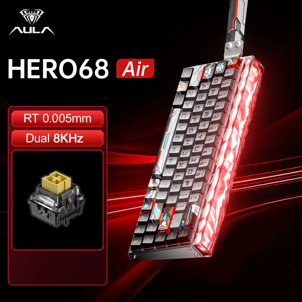 Teclado Mecânico Gamer Sem Fio AULA HERO68 com Switches Magnéticos, 3 Modos, Hot-Swap, RGB, Taxa de Polling de 8KHz, RT de 0.005mm e Baixa Latência