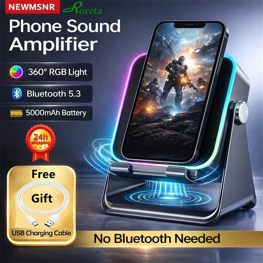 Suporte de Telefone com Indução Magnética, Amplificador Bluetooth Sem Fio, Caixa de Som Portátil com Luz RGB e Super Bass