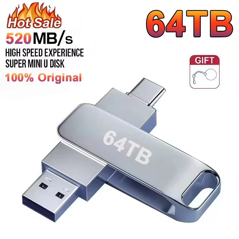 Novo Pen Drive USB 3.2 de Alta Velocidade 520MB/s 2 em 1 Tipo C OTG à Prova d'Água com Grande Armazenamento para Celular, Computador e PC