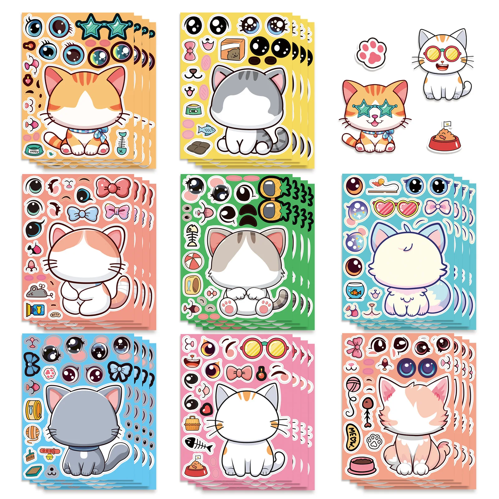Pacote com 8 Folhas de Adesivos de Gato que Mudam de Rosto, Decalques de Desenho Animado DIY para Celular, Laptop, Bagagem e Geladeira