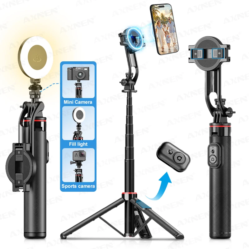 Bastão de Selfie Magnético AXNEN C20 Extensível com Tripé para Celular, Controle Remoto e Rosca de 1/4” para Câmera de Ação e Ring Light