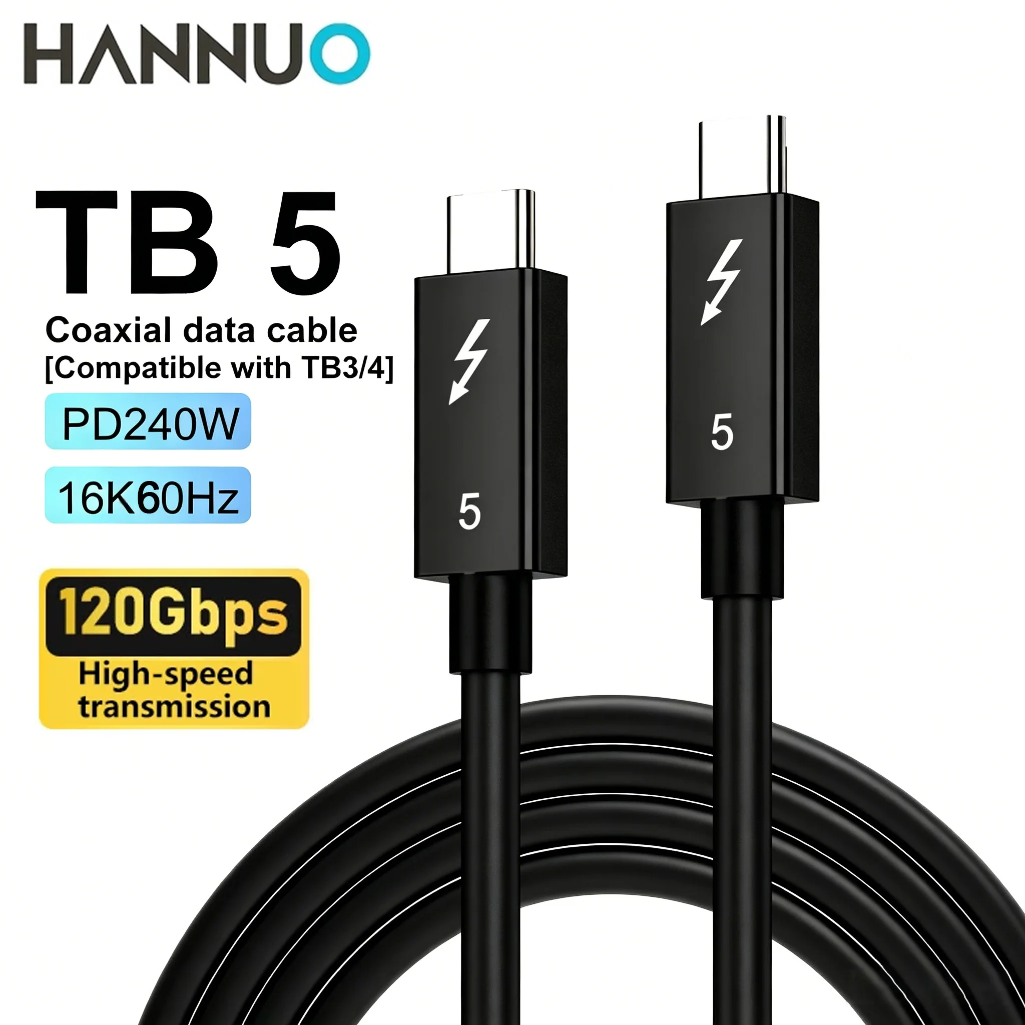 Cabo HANNUO Thunderbolt 5 com sincronização de dados a 120Gbps, carregamento rápido de 240W, USB4 16K Tipo C para PC, transmissão de áudio e dados.