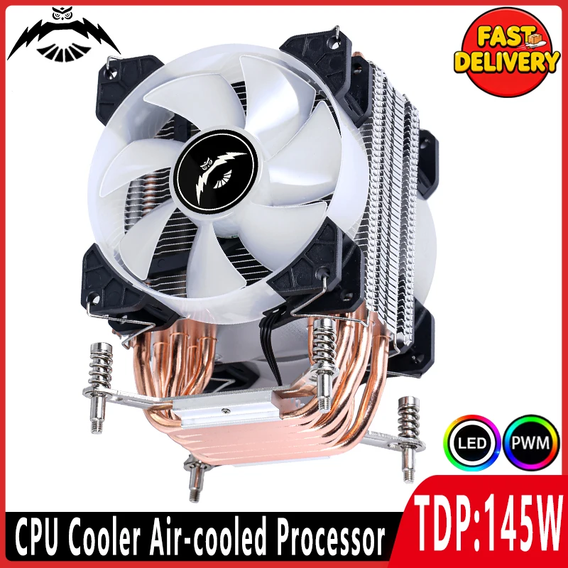 Cooler de Processador Compatível com LGA115x 1200 1700 18xx 1366 2011 X79 X99 i5, Ventoinha de Resfriamento a Ar com 2/4/6 Tubos de Calor 90mm 4pin/PWM