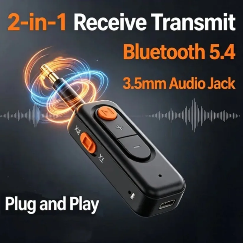 Transmissor e Receptor de Áudio Bluetooth 5.4, Adaptador Sem Fio de Música Estéreo HD HiFi com Microfone para Carro, Avião, TV, PC e Caixa de Som