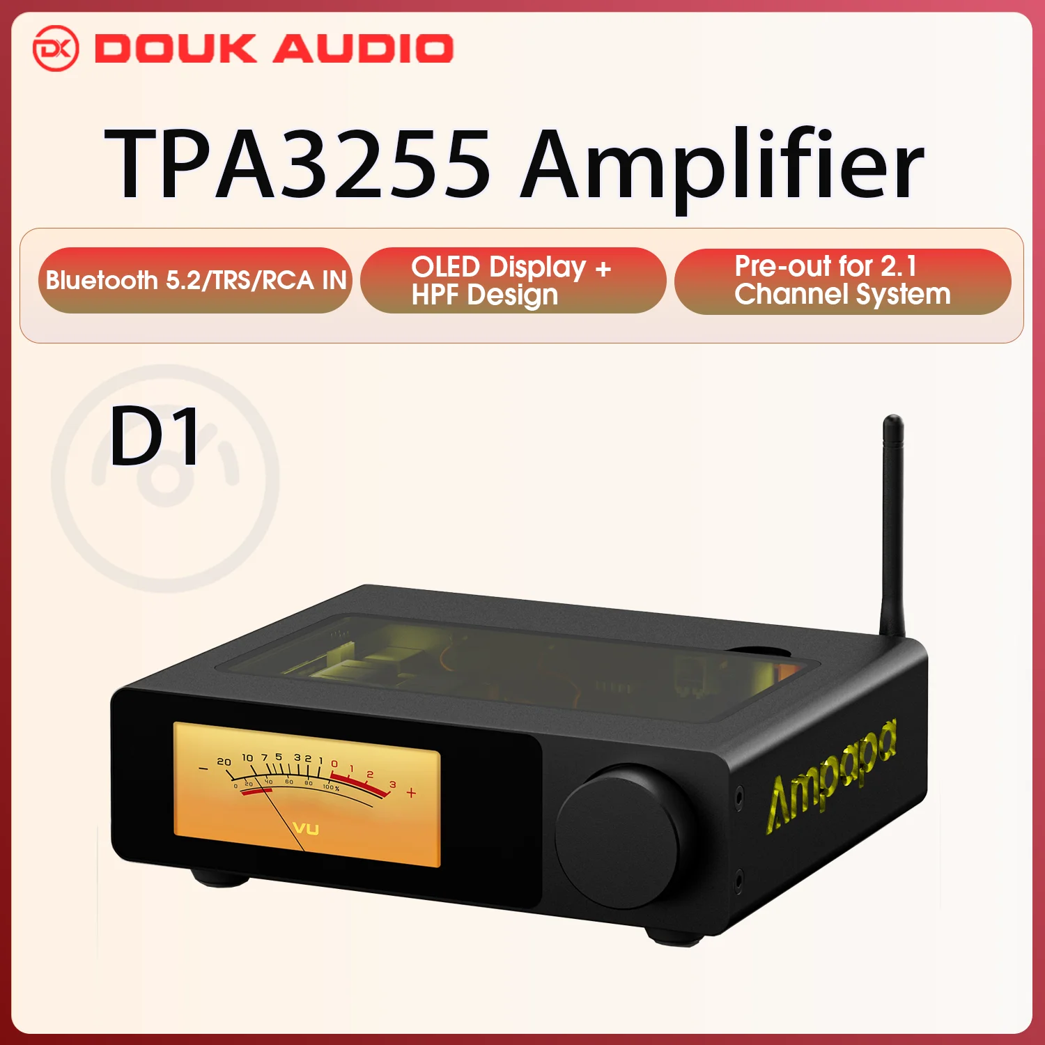 Amplificador de Áudio Douk Audio Ampapa D1 HiFi Estéreo Bluetooth 5.2, Amplificador de Áudio Doméstico de 2.0 Canais com Medidores Digitais VU HPF 300Wx2