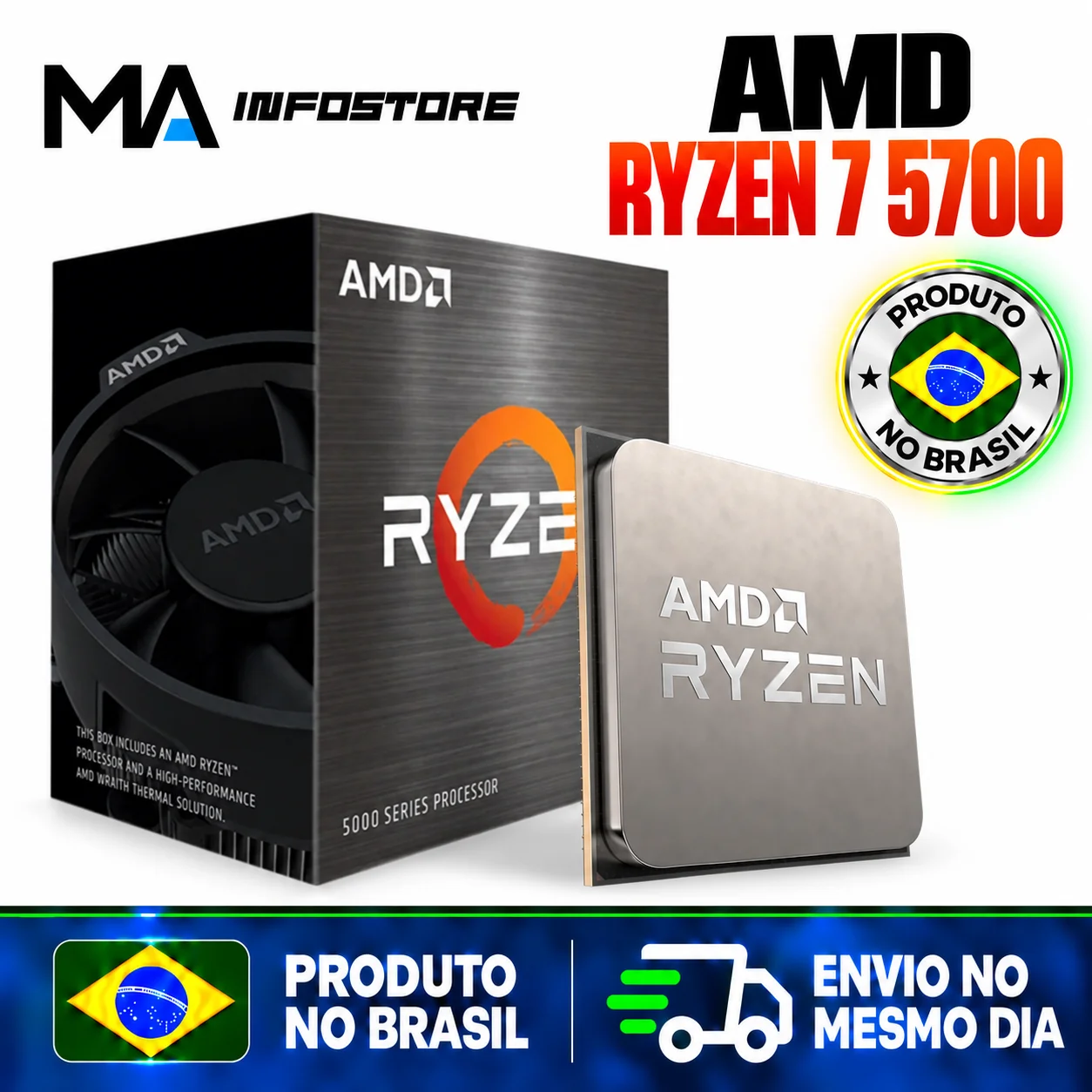 Processador AMD Ryzen 7 5700, 3.7GHz (4.6GHz Turbo), 8-Cores 16-Threads, AM4, Com Cooler AMD Wraith Stealth, 100-100000743BOX