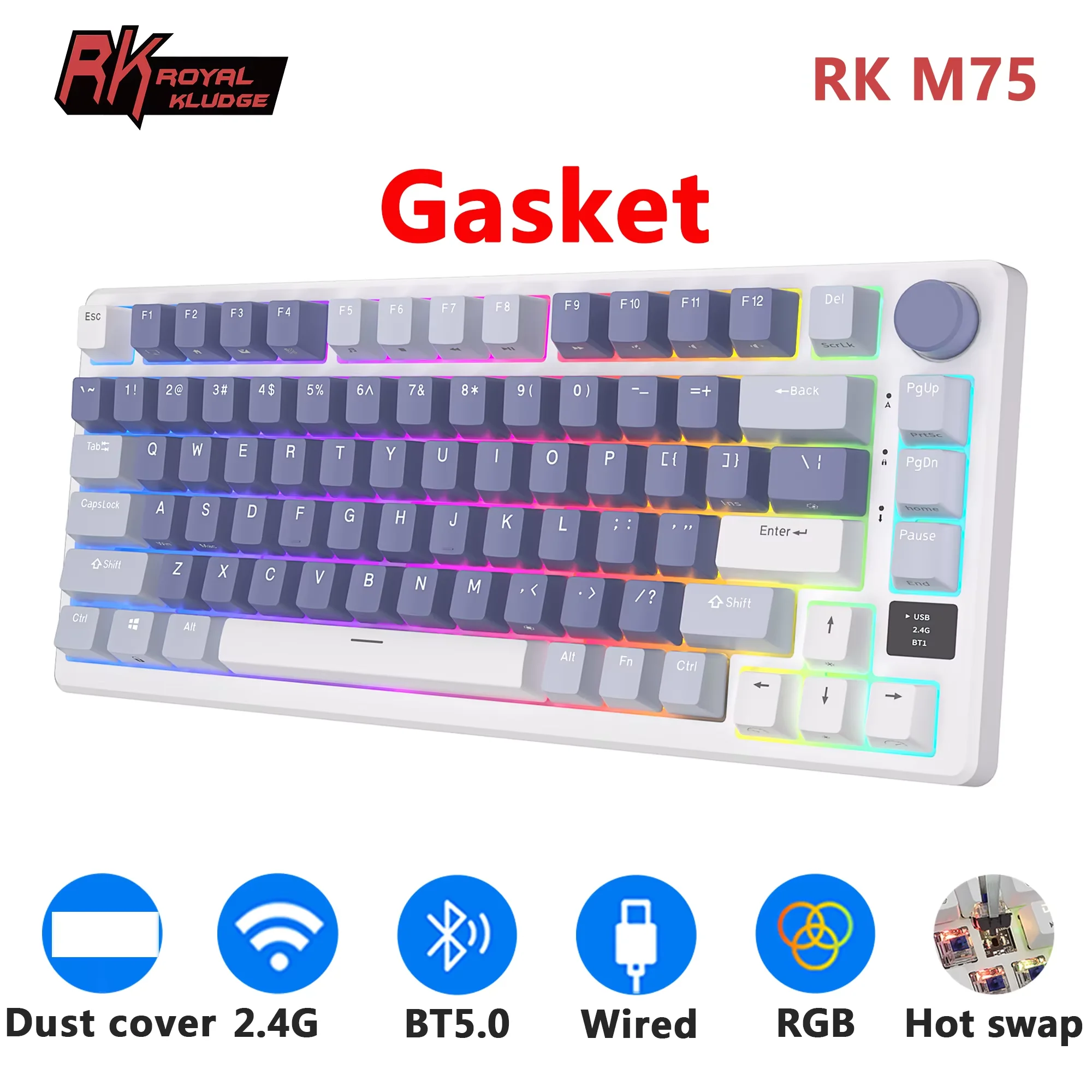 Rk royal kludge m75 2.4g sem fio/bluetooth/USB-C teclado mecânico 81 teclas rgb quente-swappable gaxeta teclado gamer com tela