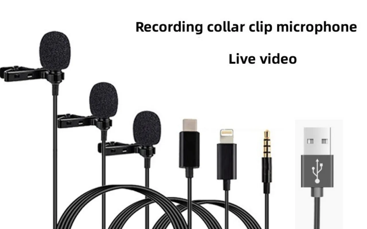 Microfone Mini Portátil MC01 com Fio de 1,5m Tipo C para Telefone, PC, Laptop, Microfone Lavalier USB com Clipe de Metal, Microfone Condensador de 3,5mm