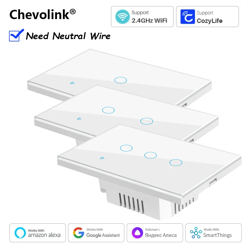 Interruptor de Luz Inteligente WiFi dos EUA, com Toque, Compatível com Alexa e Google Home, Requer Fio Neutro, 1/2/3 Gangues, 100-240V, Controle via App CozyLife