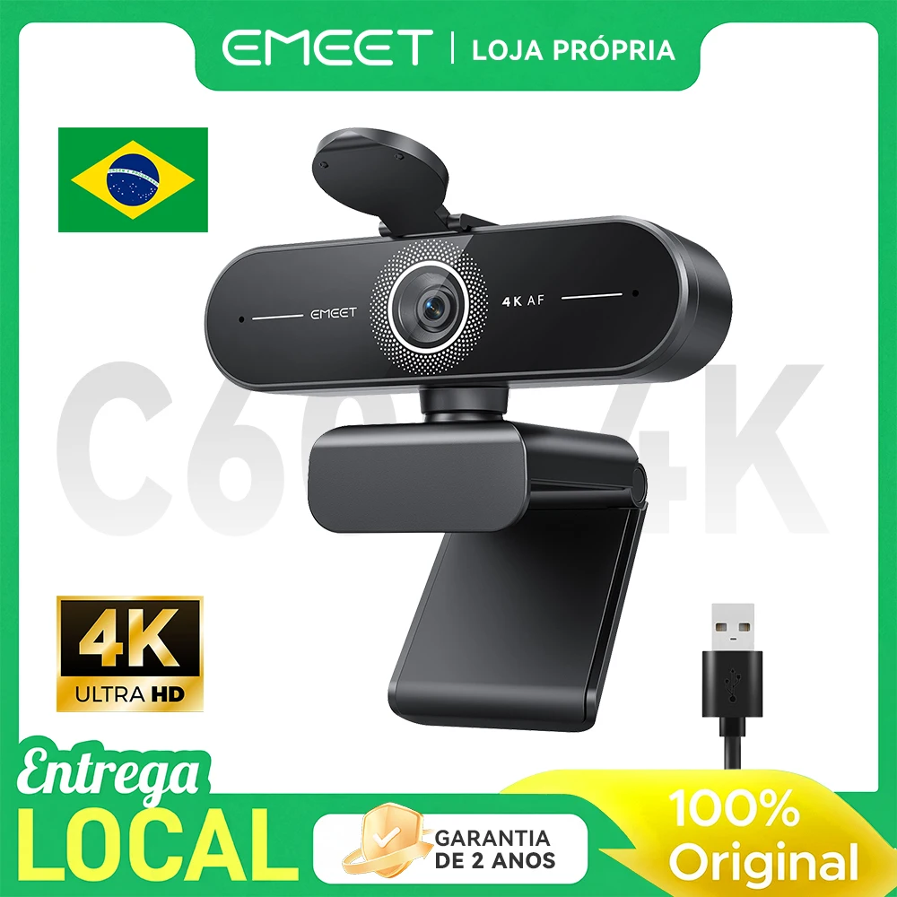 4K Webcam 1080P 60fps Web Camera EMEET C60E 4K Autofoco Câmera USB para computador/PC Web Cam para ensino/conferência on-line, 8 megapixels 4K UHD Webcam, FOV de 73°, capa de privacidade, USB 2.0 Plug & Play