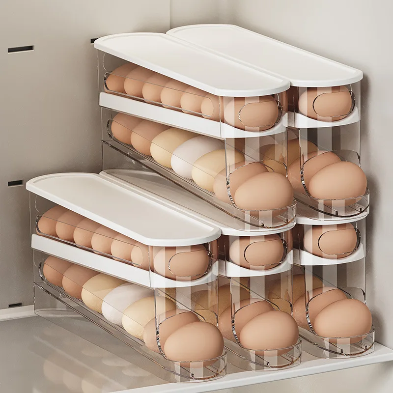 Bilayer geladeira caixa de armazenamento de ovos rolamento automático titular rack escada estilo geladeira ovos dispensador organizador titular
