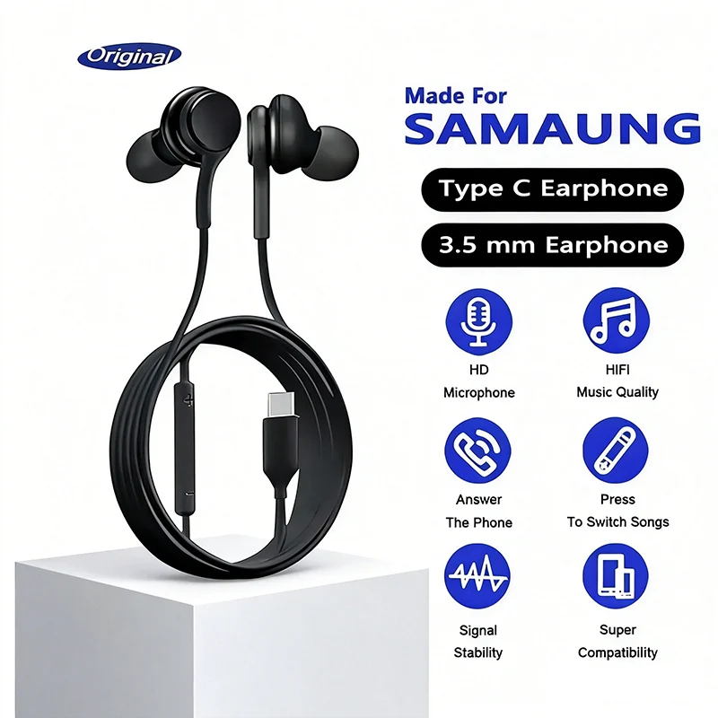 Fone de Ouvido com Fio Tipo C Original para Samsung Galaxy S25 S24 S23 S22 Ultra Plus, Fones de Ouvido de 3.5mm A55 A54 A53 A52 Acessórios Fone de Ouvido com Fio Tipo C Original para Samsung Galaxy S25 S24 S23 S22 Ultra Plus, Fones de Ouvido de 3.5mm A55 A54 A53 A52 Acessórios