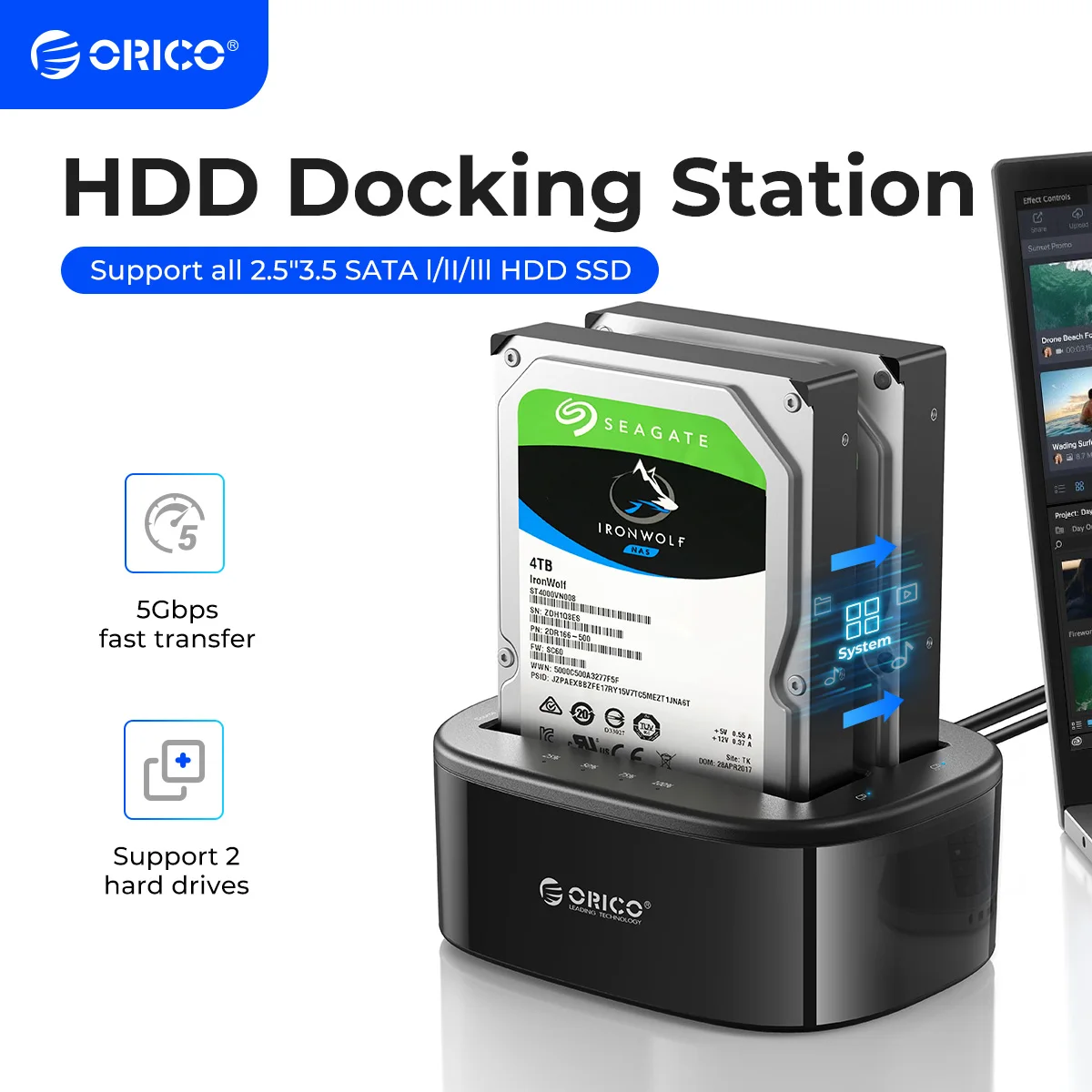 Estação de encaixe para disco rígido ORICO Dual-bay para 2,5/3,5 polegadas HDD SSD SATA para USB 3.0 HDD Docking Station com adaptador de alimentação 12V3A Estação de encaixe para disco rígido ORICO Dual-bay para 2,5/3,5 polegadas HDD SSD SATA para USB 3.0 HDD Docking Station com adaptador de alimentação 12V3A
