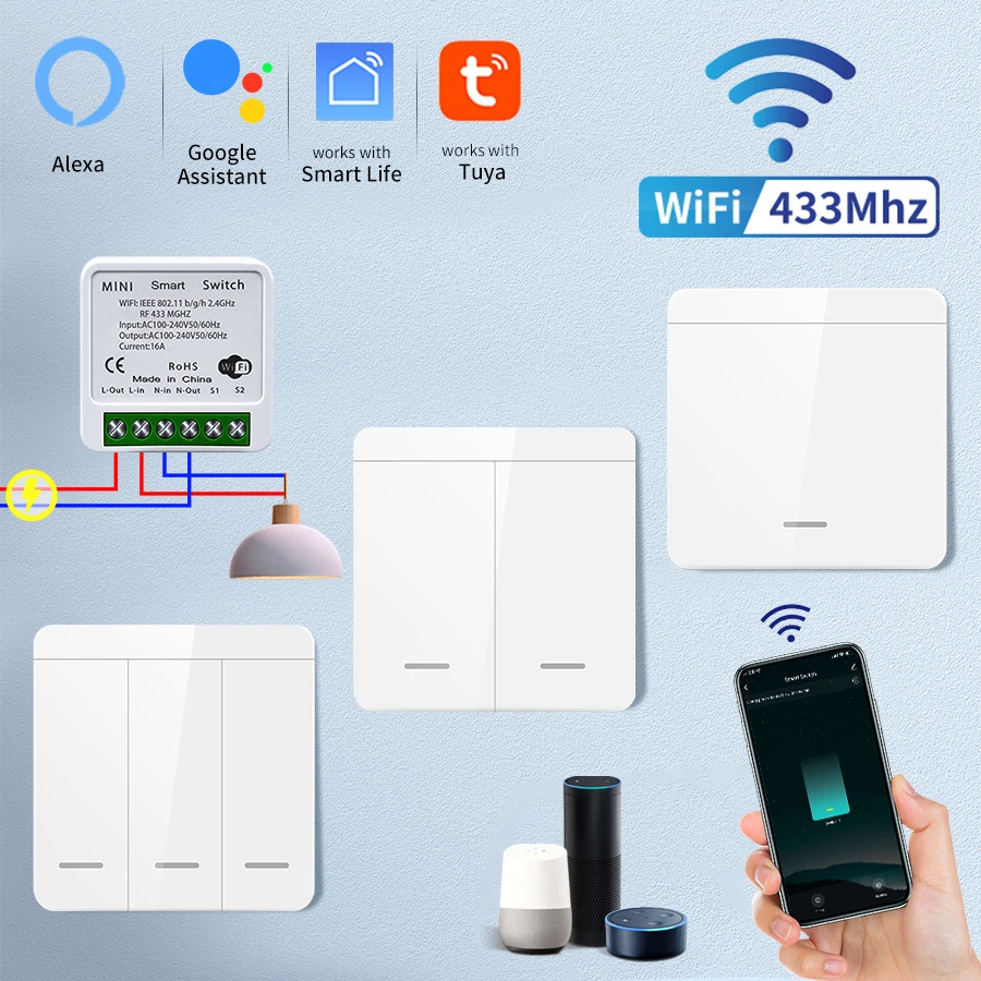 Tuya interruptor wi-fi inteligente para iluminação, rf 433mhz, sem fio, aplicativo smart life, controle de voz, funciona com alexa, google home, alice