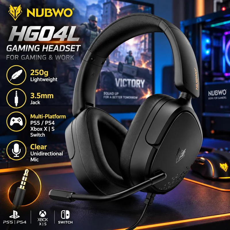 Fone de Ouvido Gamer NUBWO HG04L para Jogos e Trabalho, Leve (250g), Conector de 3.5mm para PS5/PS4 Xbox X | Microfone Unidirecional Transparente S Switch