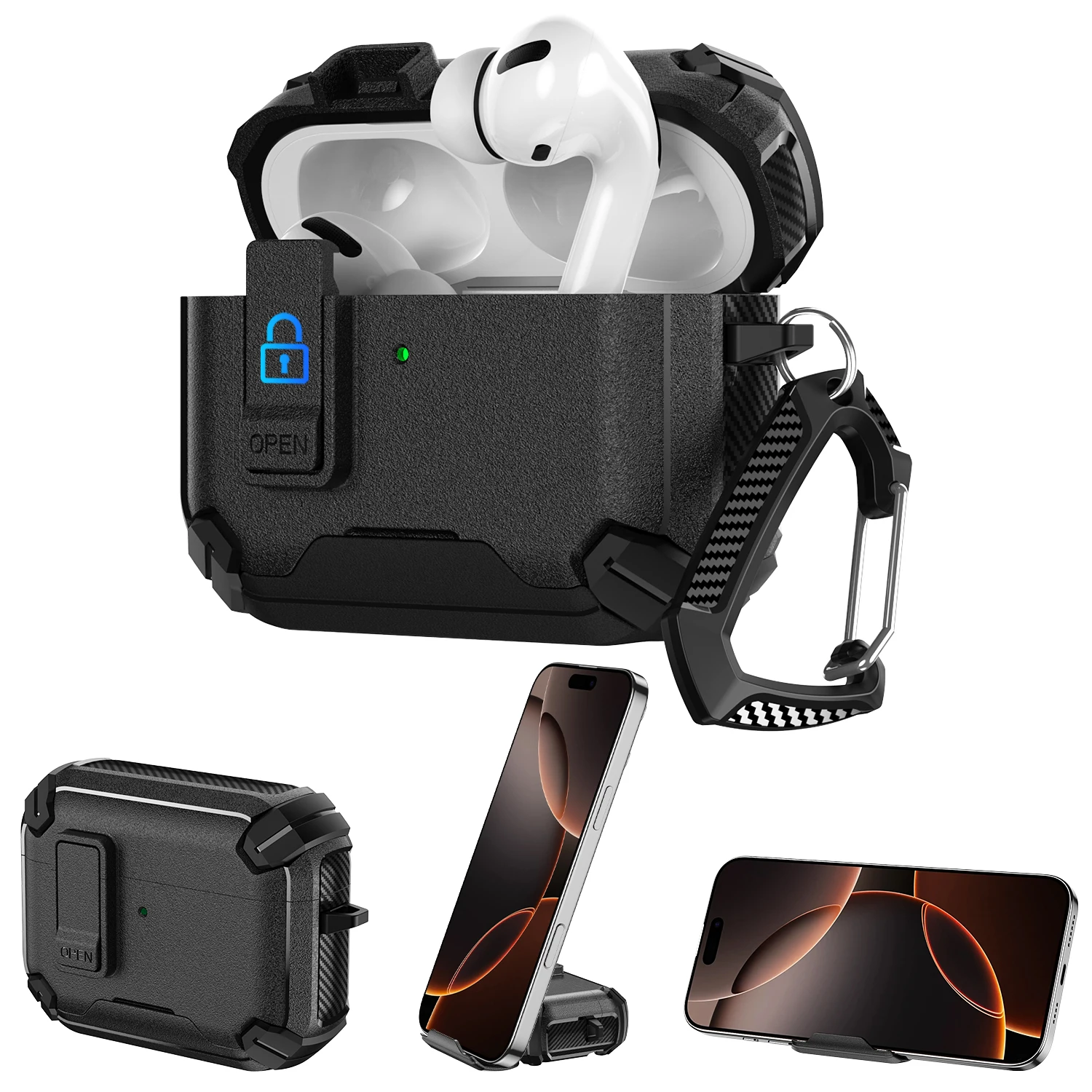 Nova Capa de Segurança com Trava para AirPods Pro 3, Pro 2, Pro 4 – Design com Suporte para Celular em TPU e PC – Capas Protetoras e Acessórios para Fones de Ouvido