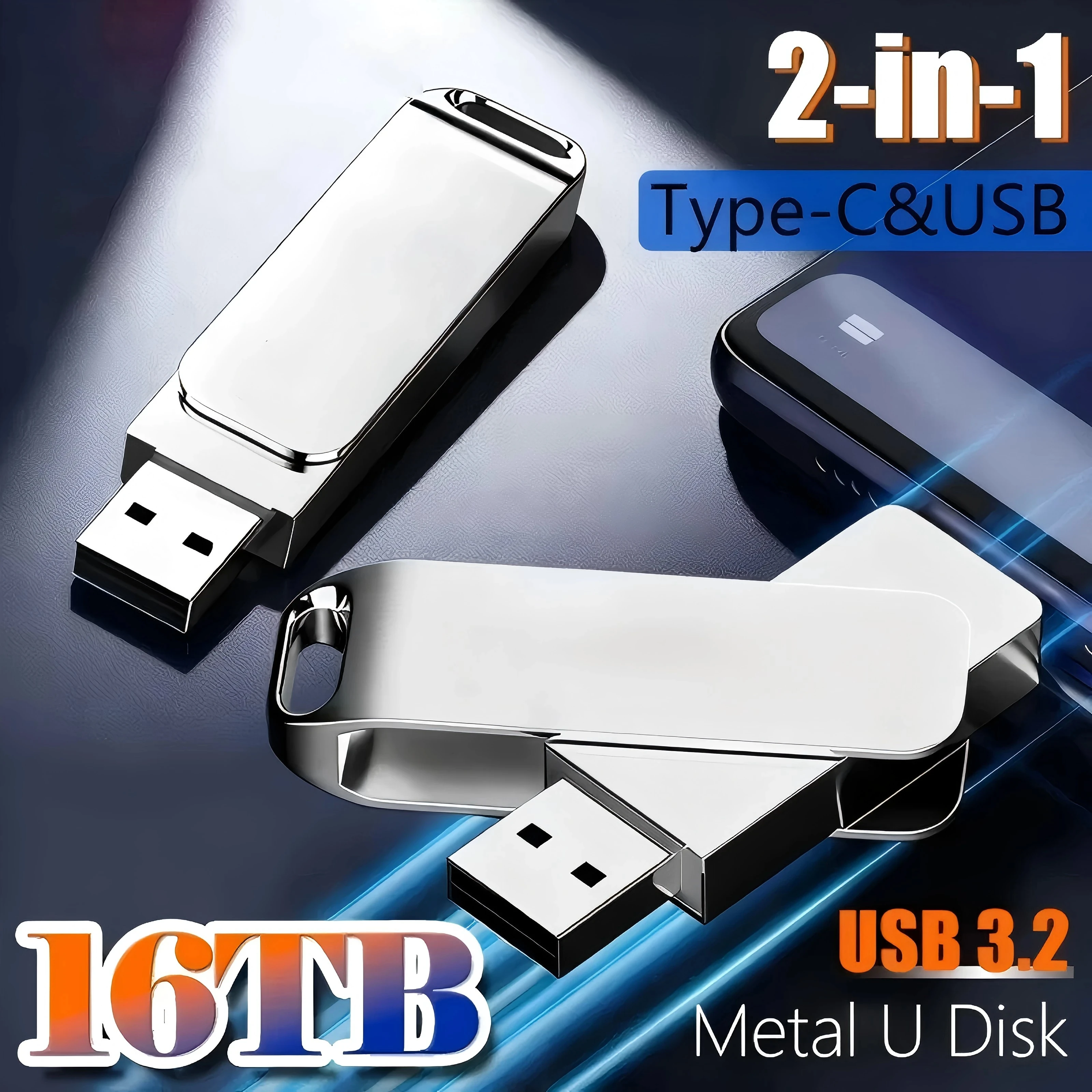 Pen Drive USB 3.2 de 16TB 520MB/s Alta Velocidade 2 em 1 Tipo C OTG à Prova d'Água Grande Armazenamento para Telefone Computador PC