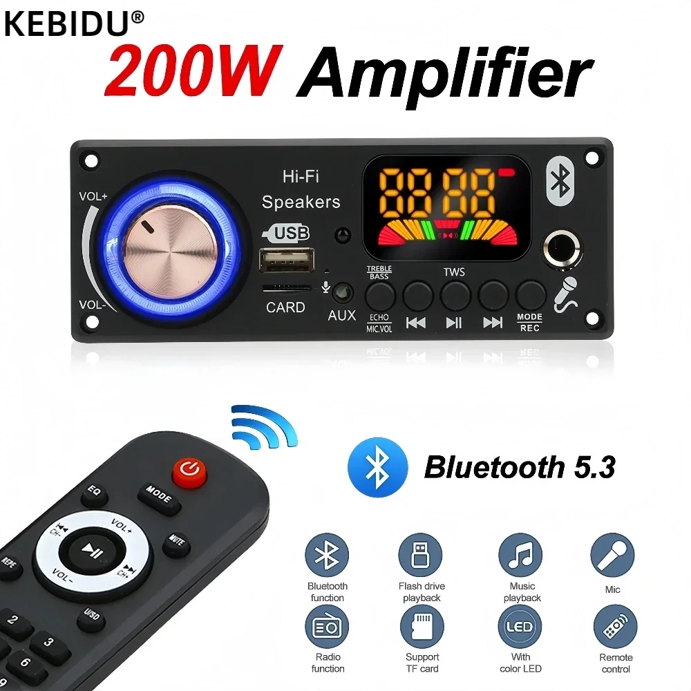 200w amplificador bluetooth 5.3 diy mp3 wav placa decodificadora dc 12v 50 100 carro sem fio usb mp3 player slot para cartão tf usb fm com microfone