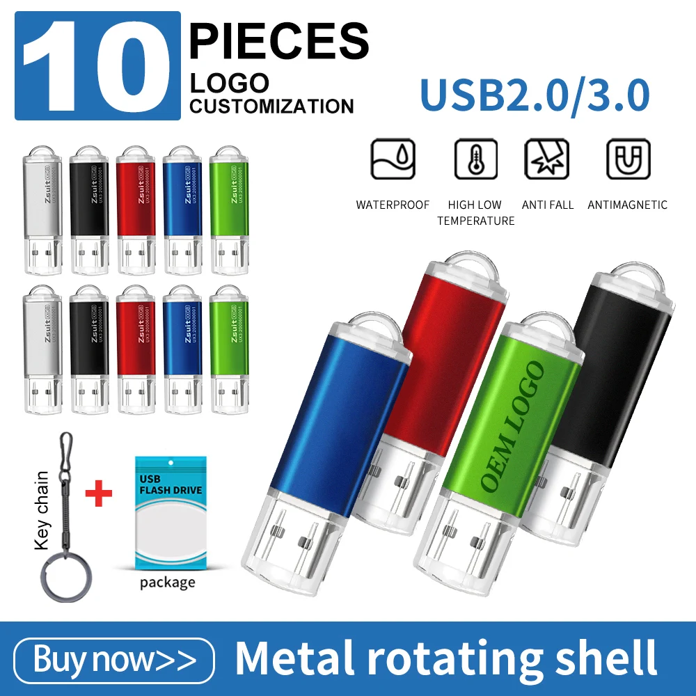 10 pçs logotipo personalizado unidade usb de alta velocidade usb vara 3.0/2.0 pen drives 64g 32g metal flash drive disco de memória usb cle usb frete grátis