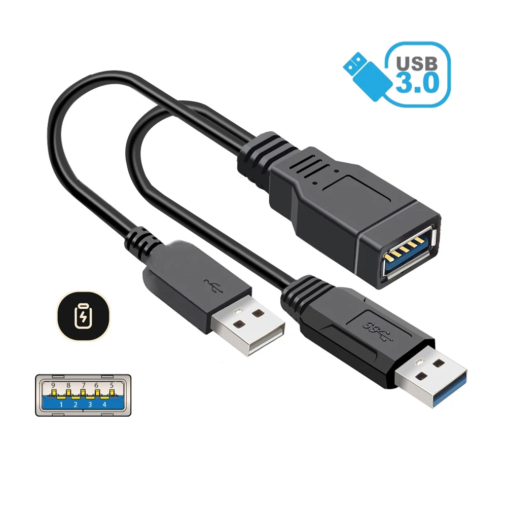 Usb 3.0 fêmea para duplo usb macho fonte de alimentação extra cabo de extensão de dados adaptador divisor y cabo para disco rígido móvel de 2.5 Polegada